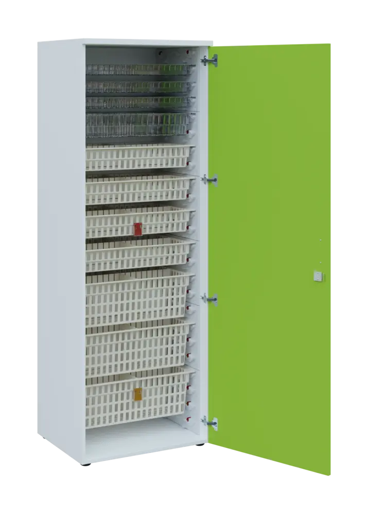 EUROMEDICA D - 66 skříň léková boxová, 1-dveřová, pravá, 1950x660x535, korpus bílý, dvířka jarní zeleň